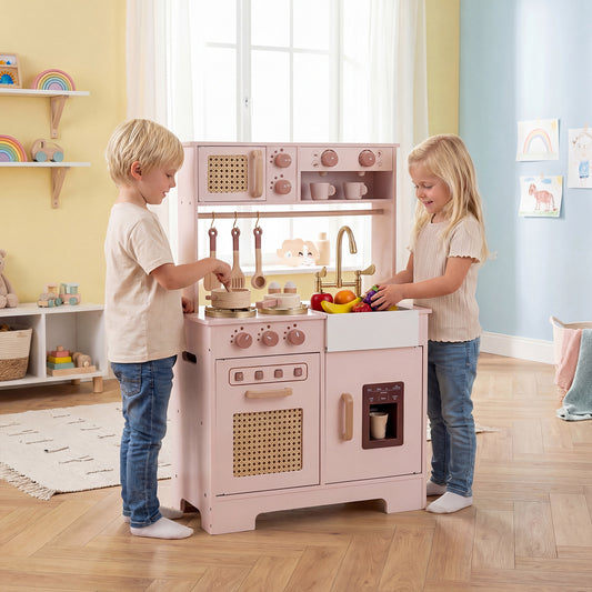 Play Kitchen for Kids Wooden Kitchen Playset with Realistic Lights and Sounds-Pink