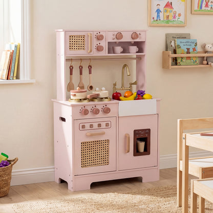 Play Kitchen for Kids Wooden Kitchen Playset with Realistic Lights and Sounds-Pink