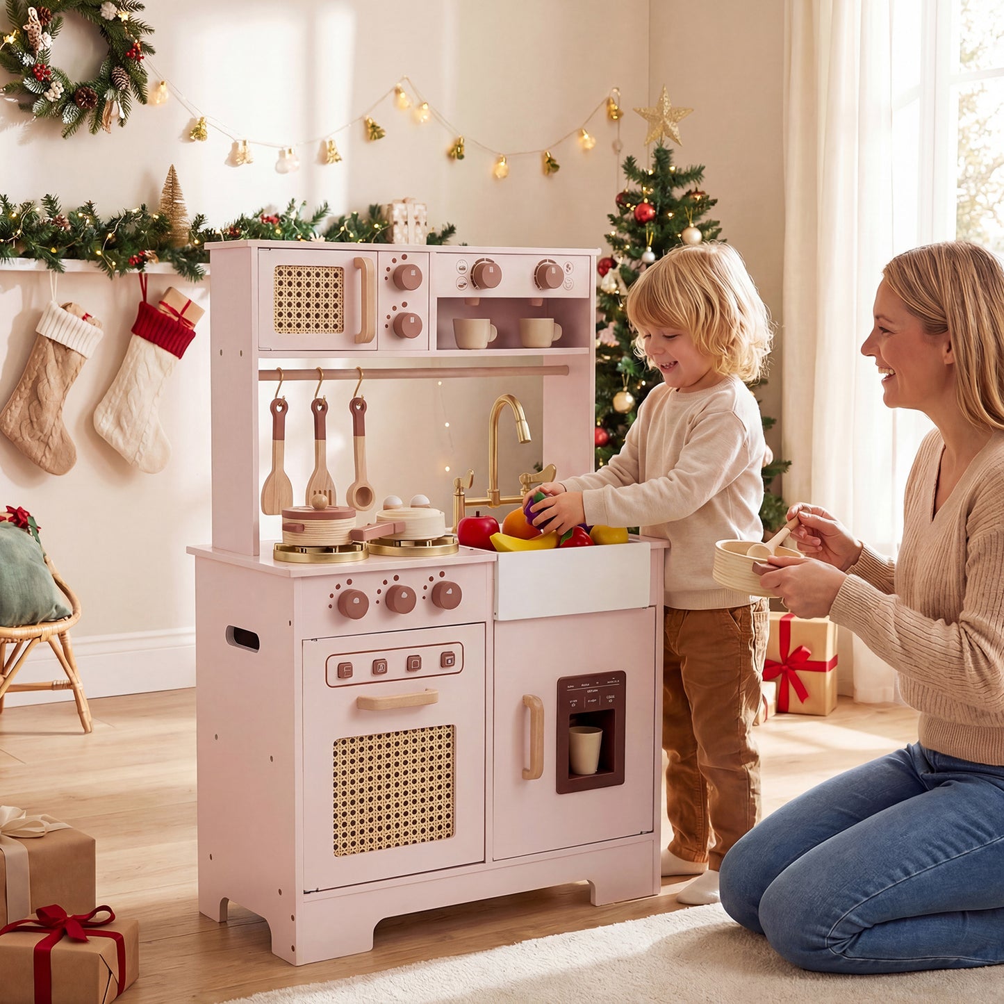 Play Kitchen for Kids Wooden Kitchen Playset with Realistic Lights and Sounds-Pink