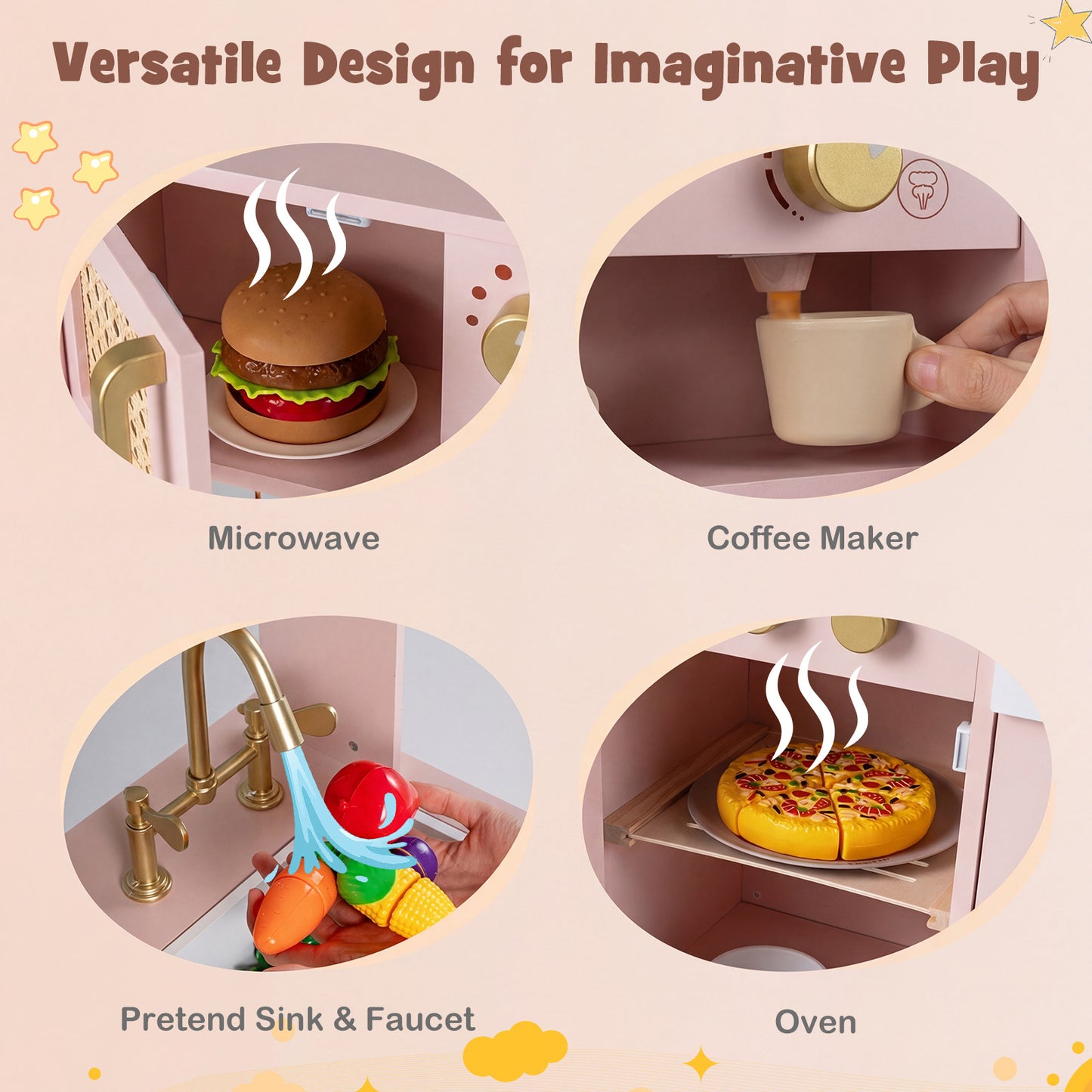Play Kitchen for Kids Wooden Kitchen Playset with Realistic Lights and Sounds-Pink