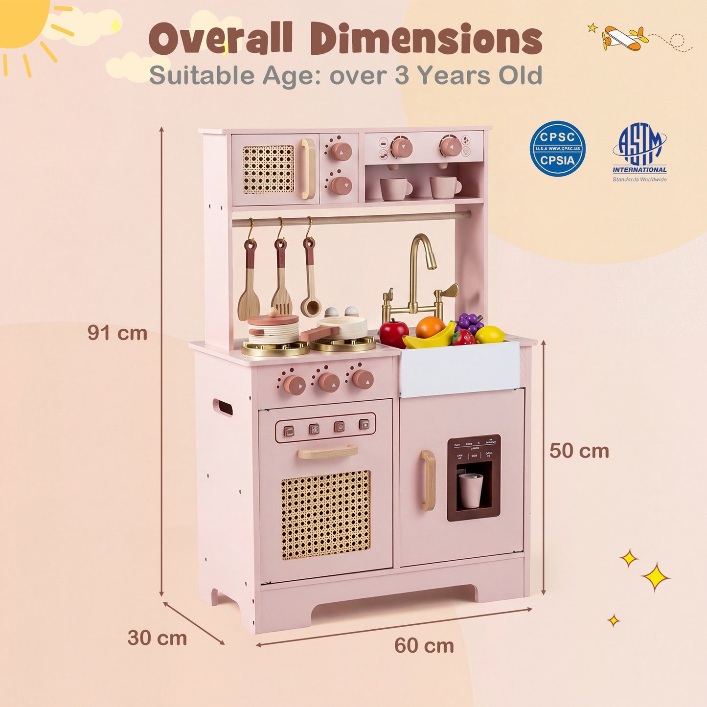 Play Kitchen for Kids Wooden Kitchen Playset with Realistic Lights and Sounds-Pink