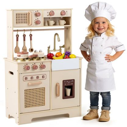Play Kitchen for Kids Wooden Kitchen Playset with Realistic Lights and Sounds-Yellow