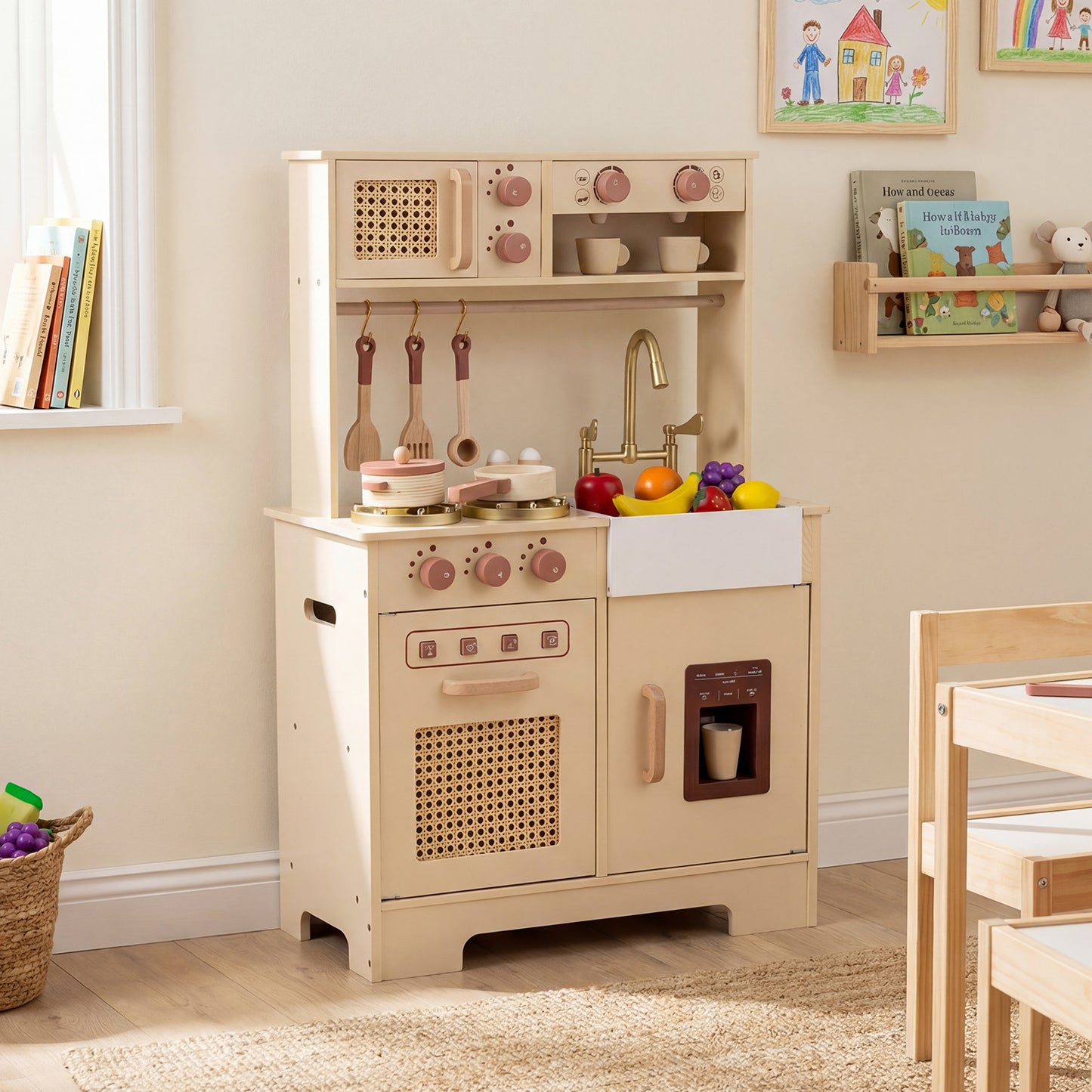 Play Kitchen for Kids Wooden Kitchen Playset with Realistic Lights and Sounds-Yellow