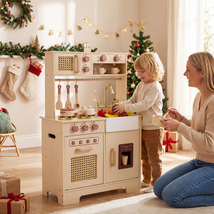 Play Kitchen for Kids Wooden Kitchen Playset with Realistic Lights and Sounds-Yellow