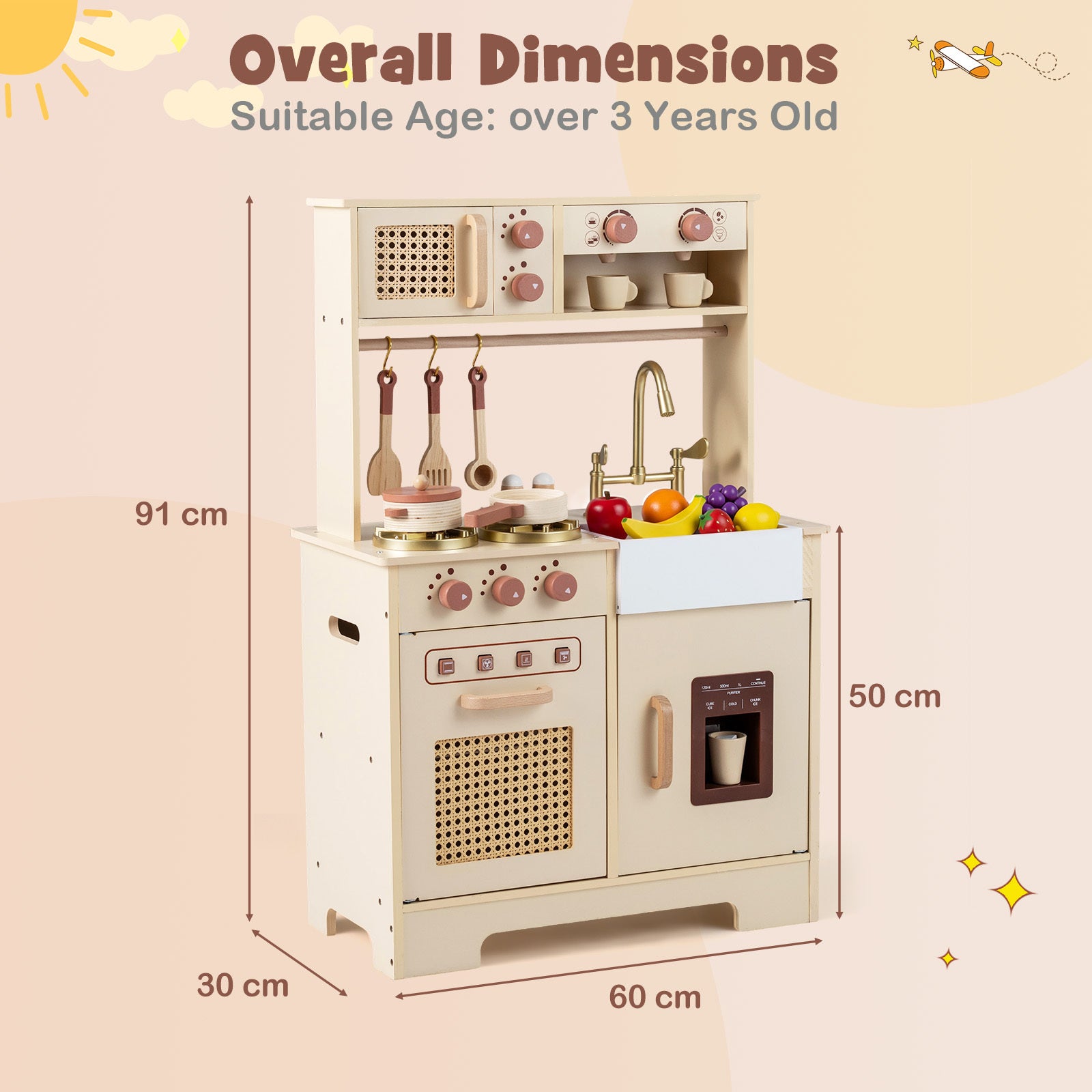 Play Kitchen for Kids Wooden Kitchen Playset with Realistic Lights and Sounds-Yellow