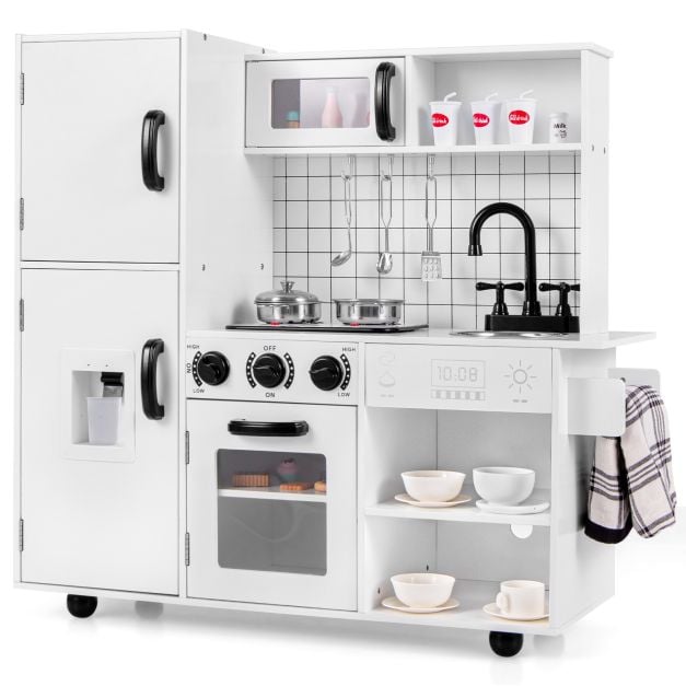 Wooden Pretend Play Kitchen with Utensils and Real Sounds Lights-White