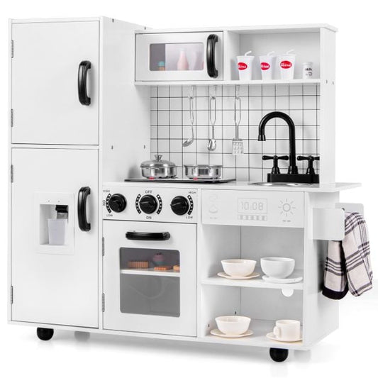 Wooden Pretend Play Kitchen with Utensils and Real Sounds Lights-White