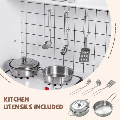 Wooden Pretend Play Kitchen with Utensils and Real Sounds Lights-White