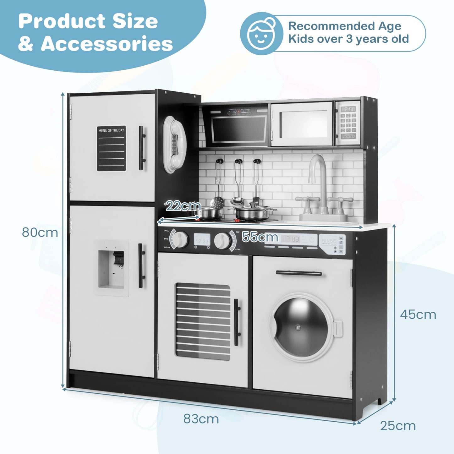 Play Kitchen Toy Set with Oven and Washing Machine for Aged 3+ Years Old-Black