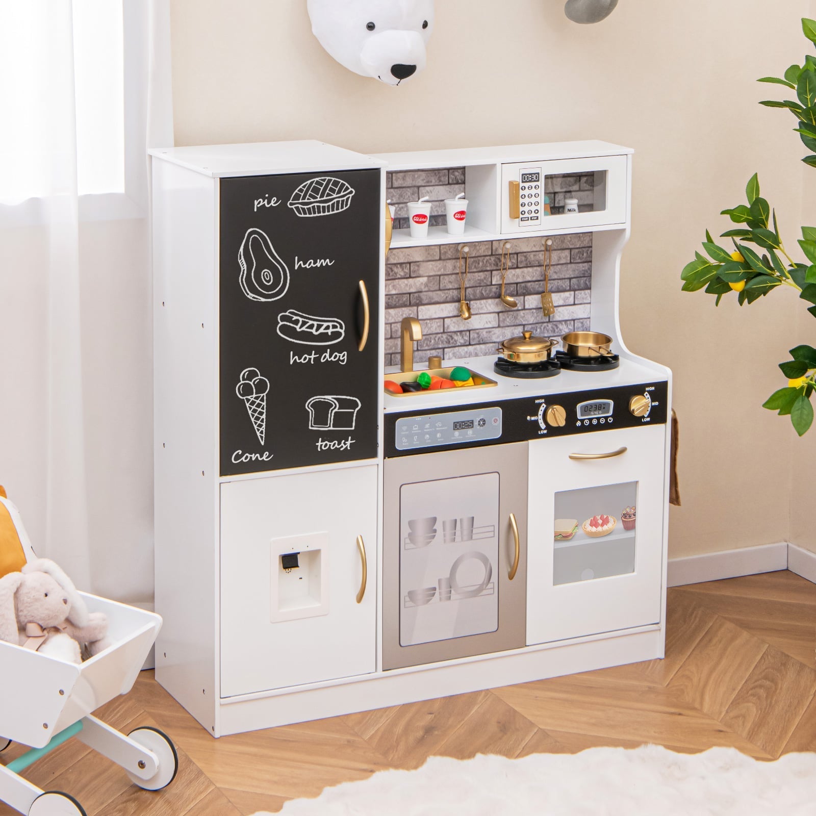 Play Kitchen Toy Set with Chalkboard and Real Sounds & Lights-White