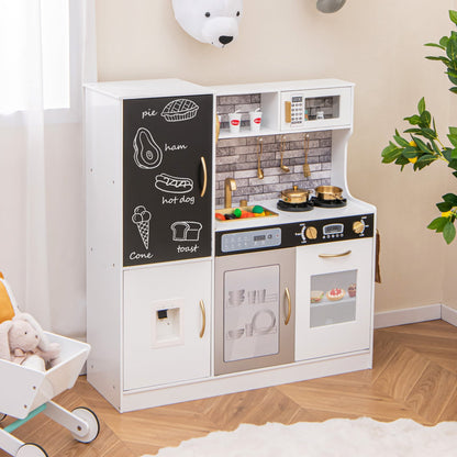 Play Kitchen Toy Set with Chalkboard and Real Sounds & Lights-White