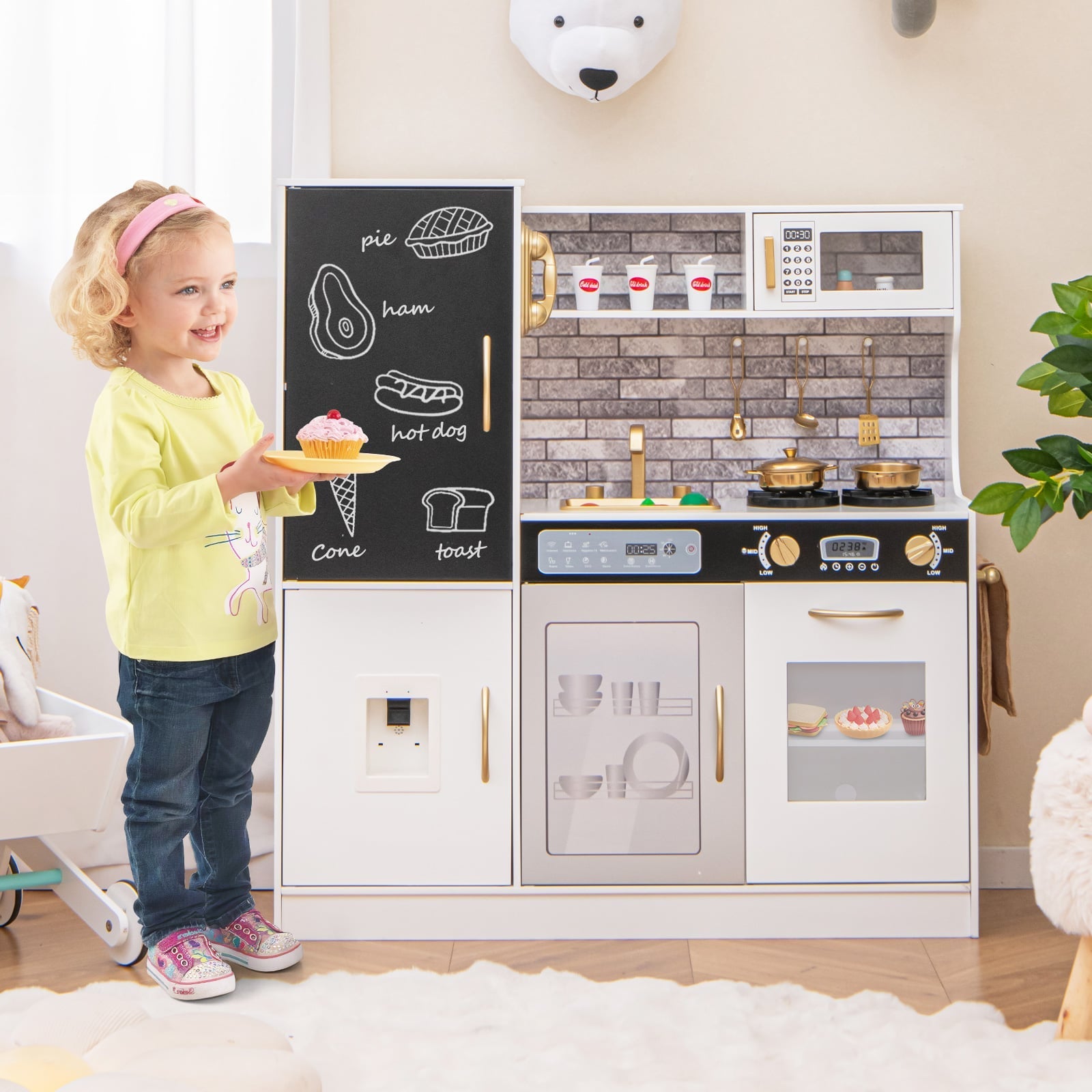 Play Kitchen Toy Set with Chalkboard and Real Sounds & Lights-White