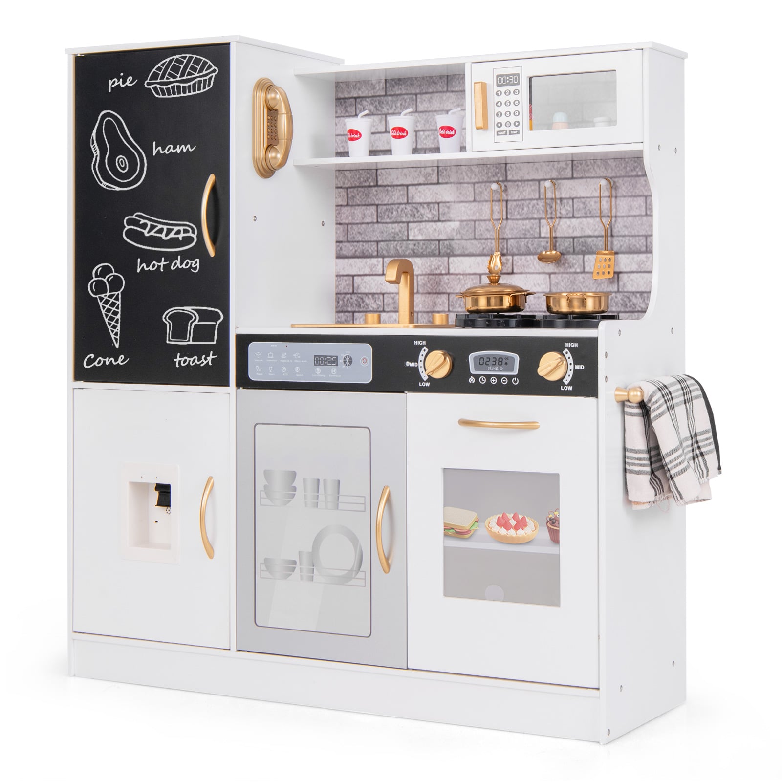Play Kitchen Toy Set with Chalkboard and Real Sounds & Lights-White