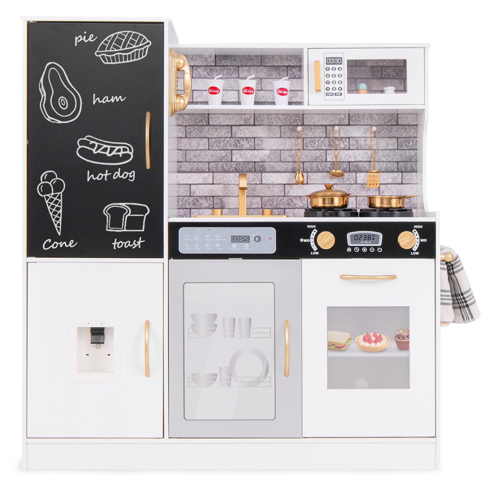 Play Kitchen Toy Set with Chalkboard and Real Sounds & Lights-White