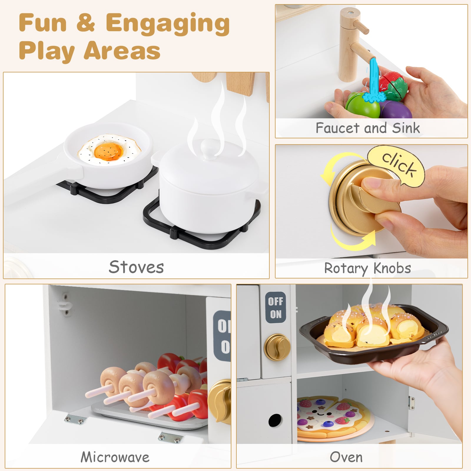 Play Kitchen for Kids Wooden Kitchen Playset with Stoves Faucet-White