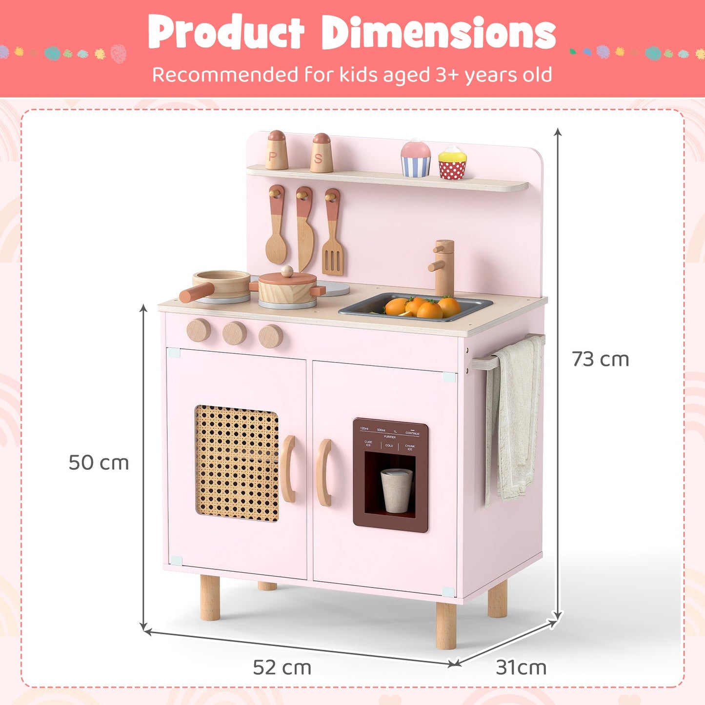 Play Kitchen for Kids with Realistic Ice Maker and Stove Cooking Toy Kitchen-Pink