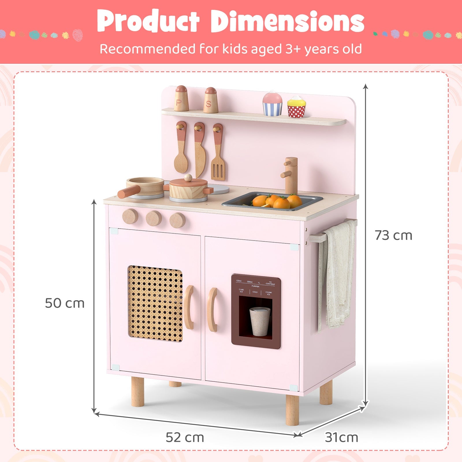 Play Kitchen for Kids with Realistic Ice Maker and Stove Cooking Toy Kitchen-Pink