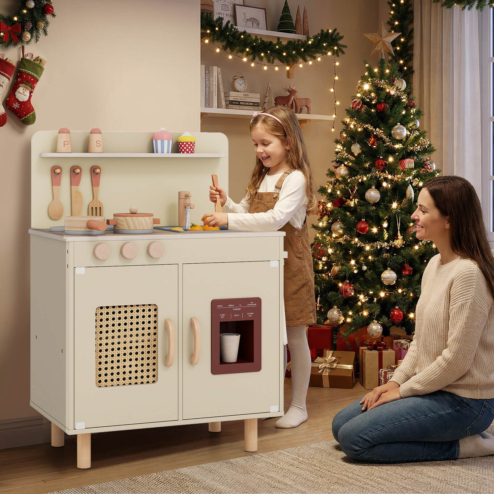 Play Kitchen for Kids with Realistic Ice Maker and Stove Cooking Toy Kitchen-Yellow