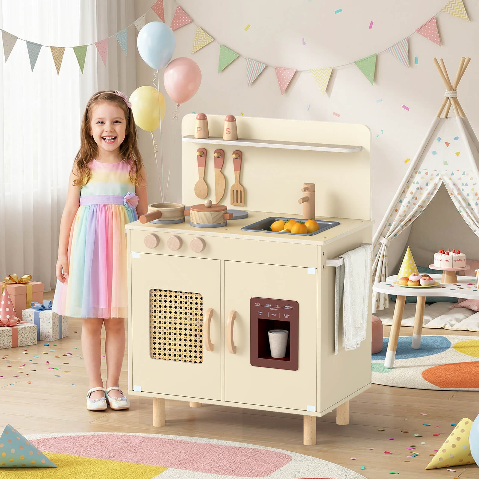 Play Kitchen for Kids with Realistic Ice Maker and Stove Cooking Toy Kitchen-Yellow