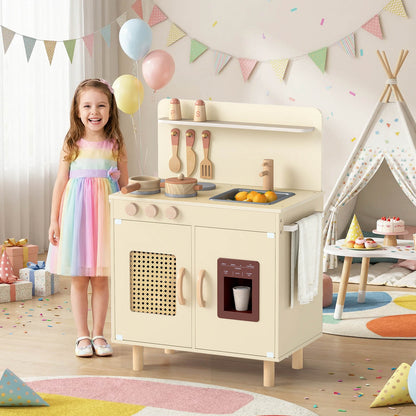 Play Kitchen for Kids with Realistic Ice Maker and Stove Cooking Toy Kitchen-Yellow