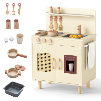 Play Kitchen for Kids with Realistic Ice Maker and Stove Cooking Toy Kitchen-Yellow