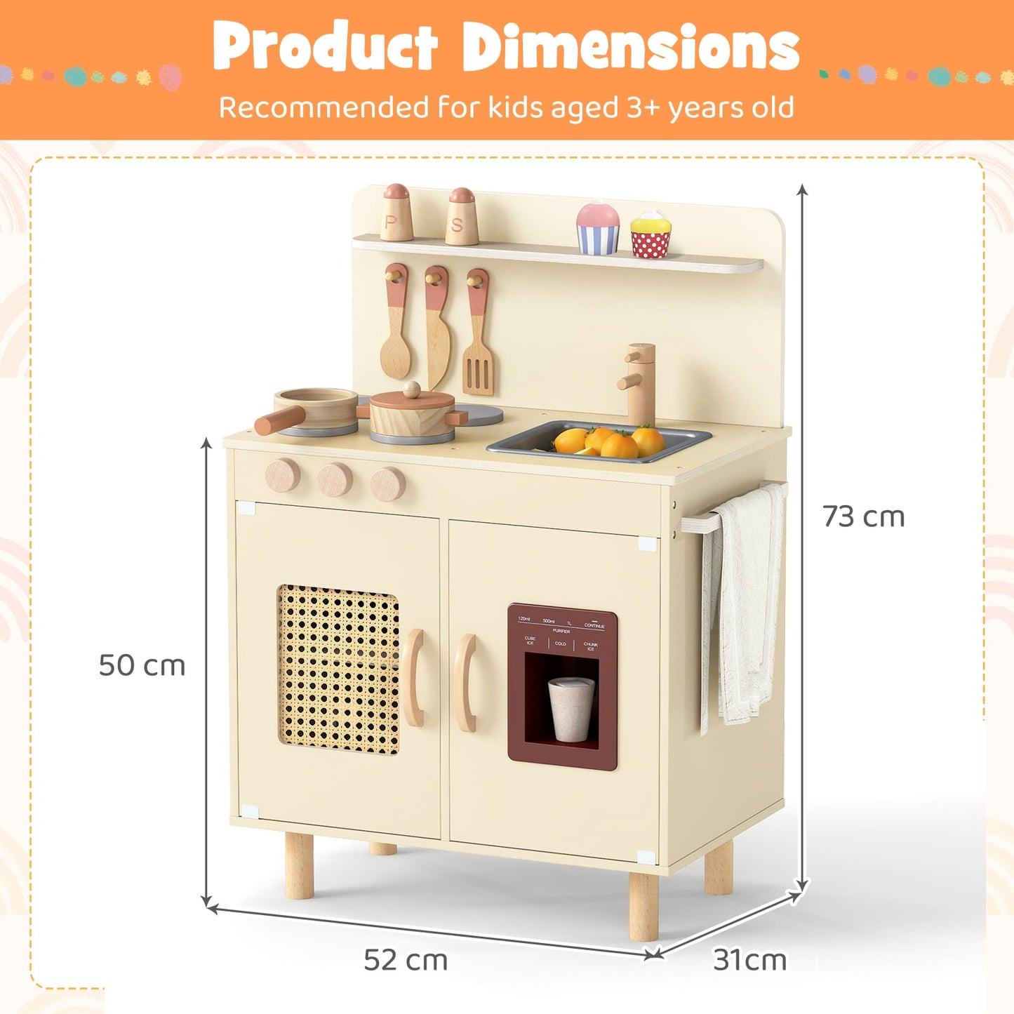 Play Kitchen for Kids with Realistic Ice Maker and Stove Cooking Toy Kitchen-Yellow