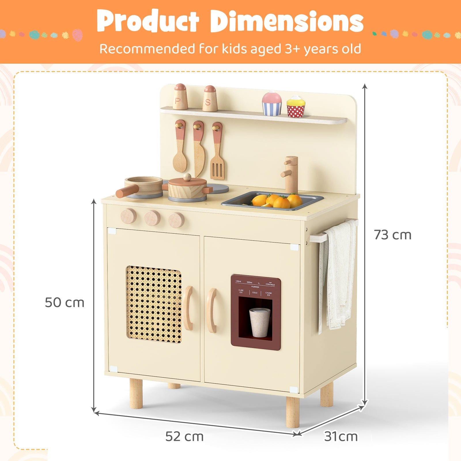 Play Kitchen for Kids with Realistic Ice Maker and Stove Cooking Toy Kitchen-Yellow