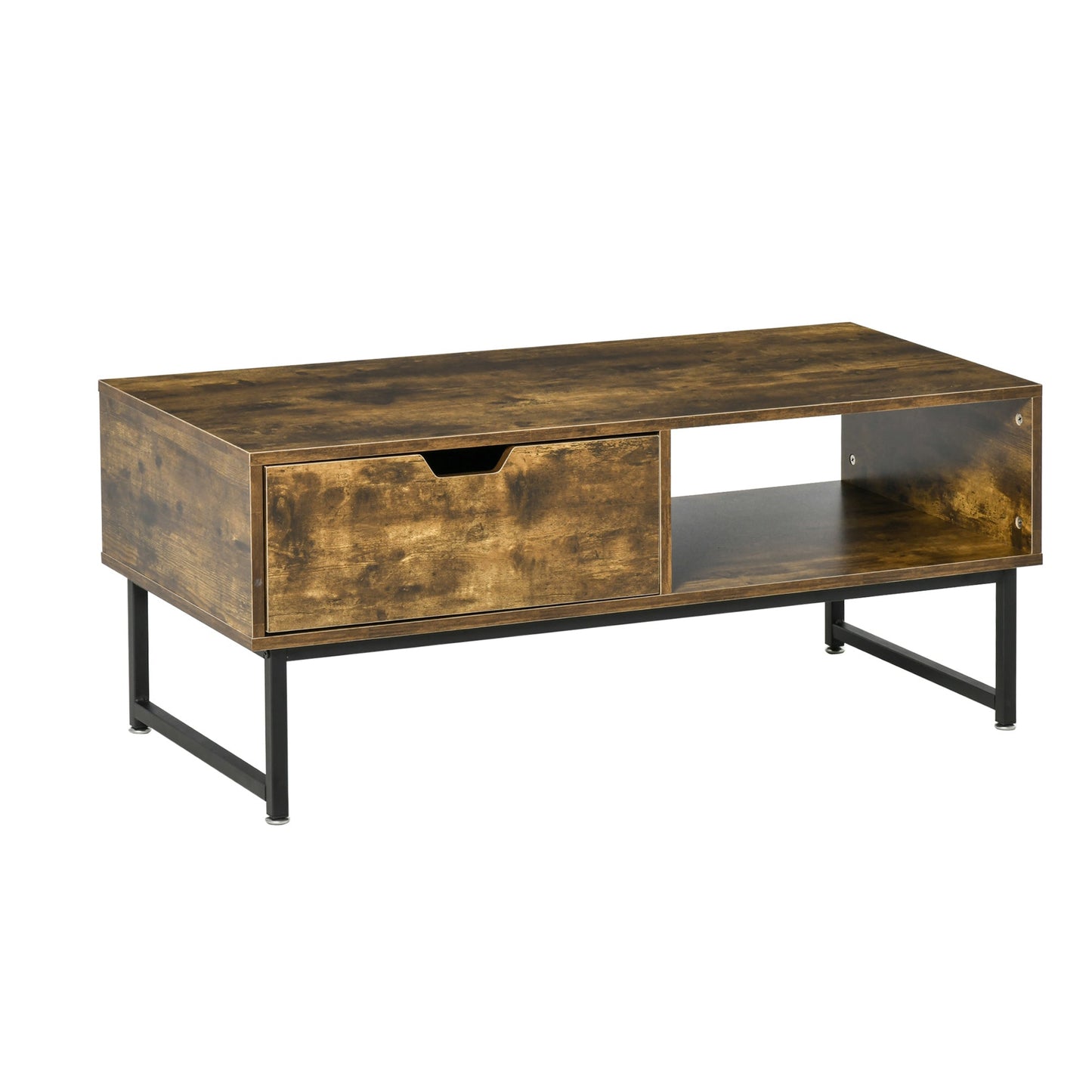 Industrial Coffee table Wooden End Table with Shortage Shelf and Drawer Modern Sofa Table Metal Frame, Rustic Brown 106W x 48D x 43H cm