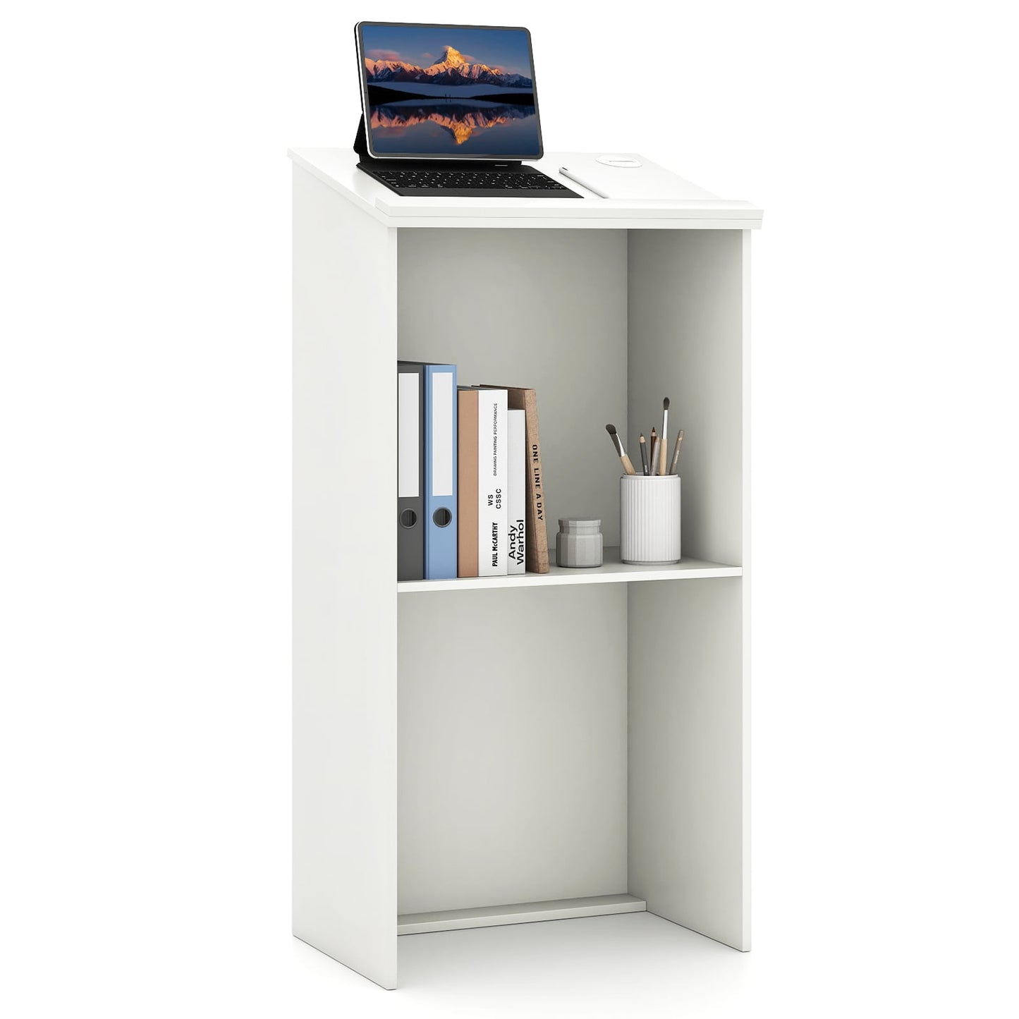 Podium Stand Hostess Stand for Speakers with Storage Shelf-White