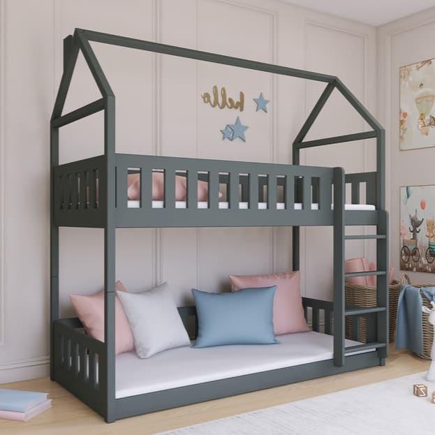 Gray children's house-shaped bunk bed with bedding in a room.