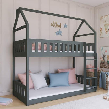 Gray children's house-shaped bunk bed with bedding in a room.