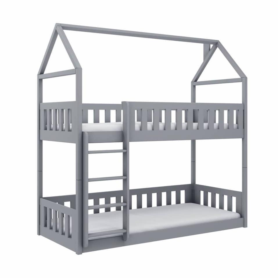 Gray children's bunk bed with a house-shaped top on a white background