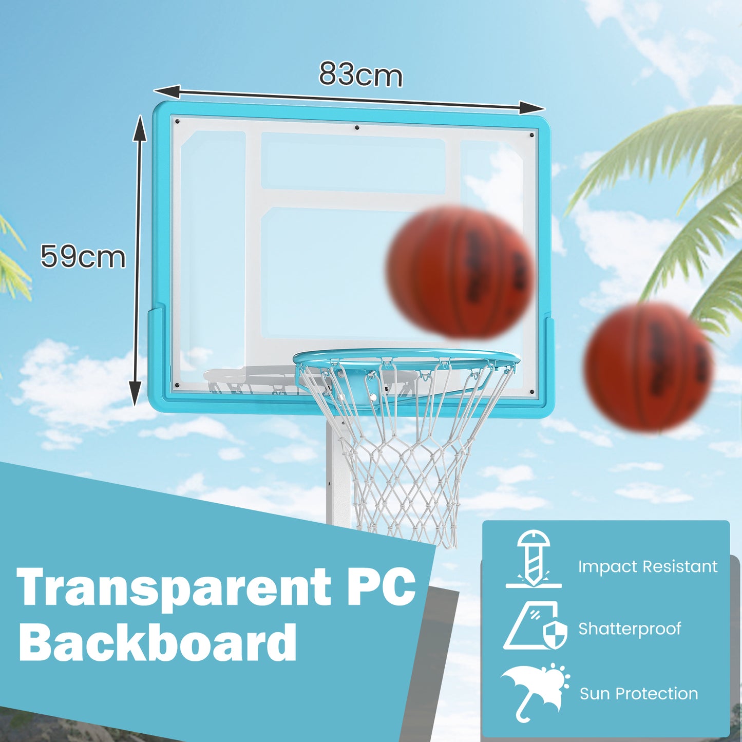 Pool Basketball Hoop Poolside Basketball Goal with 83 cm Shatterproof Backboard-White
