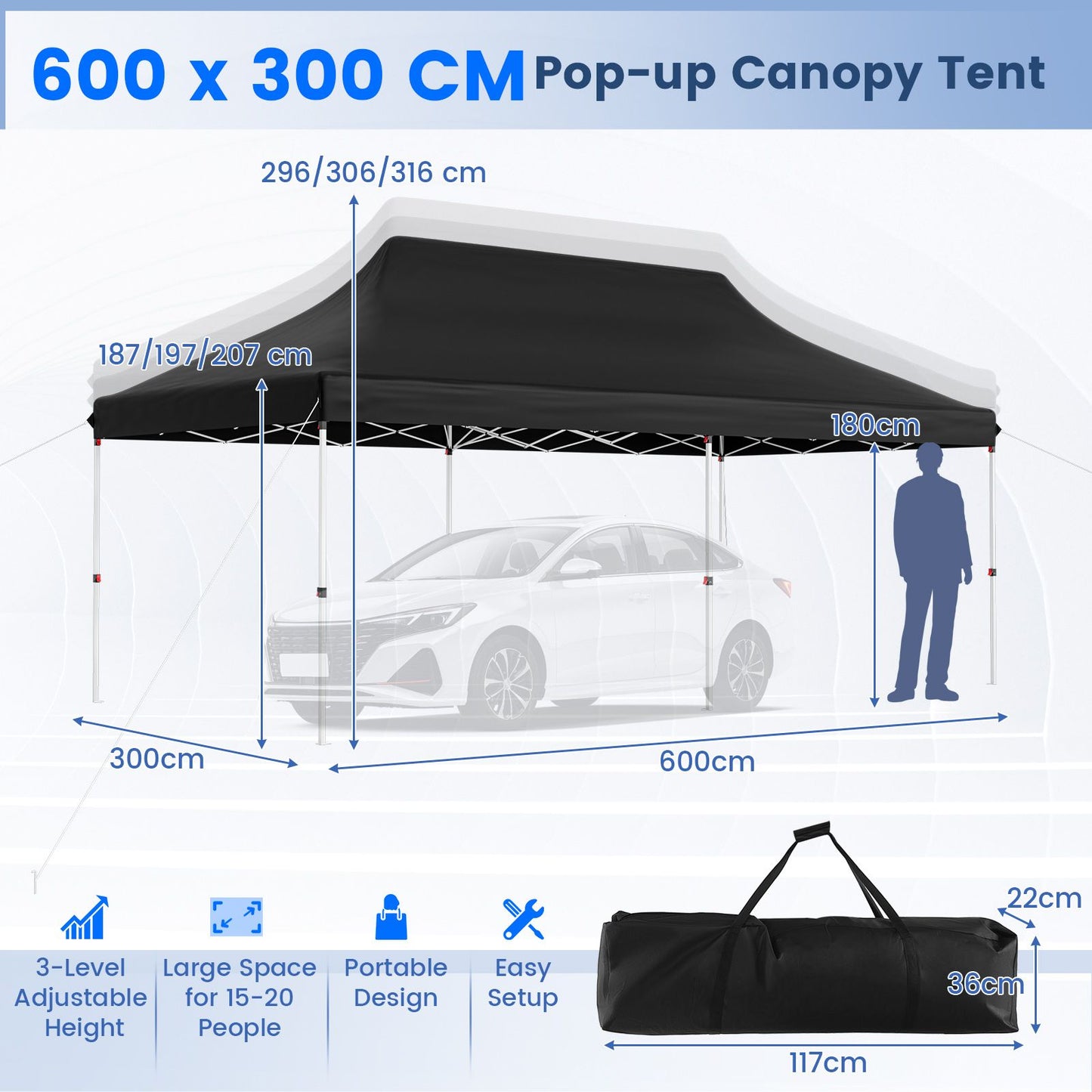 300 x 600 cm Pop-up Canopy Tent with Carrying Bag-Black