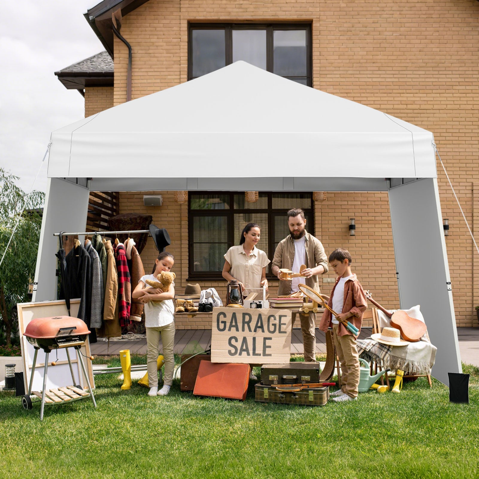 Pop up Canopy Tent with 2 Sidewalls Easy Setup Outdoor Sun Shelter-White