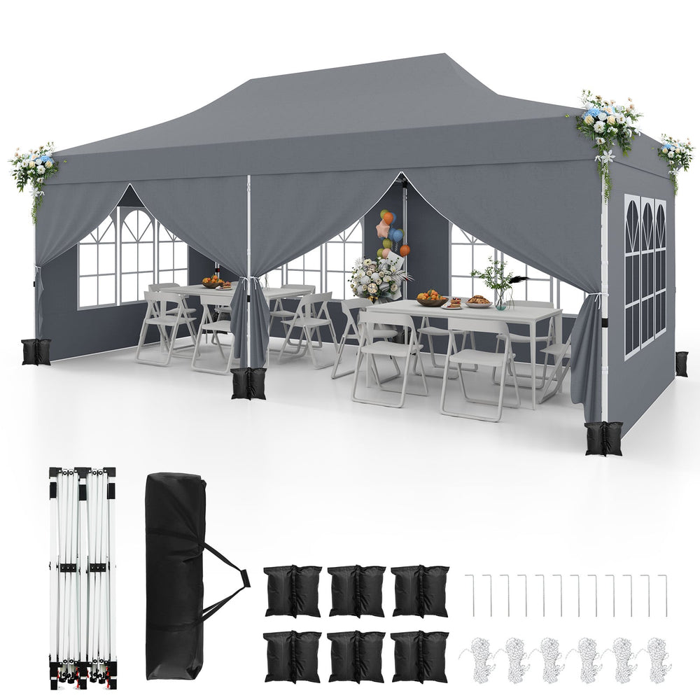 Pop-up Canopy Tent with 6 Detachable Sidewalls and Carrying Bag-Grey