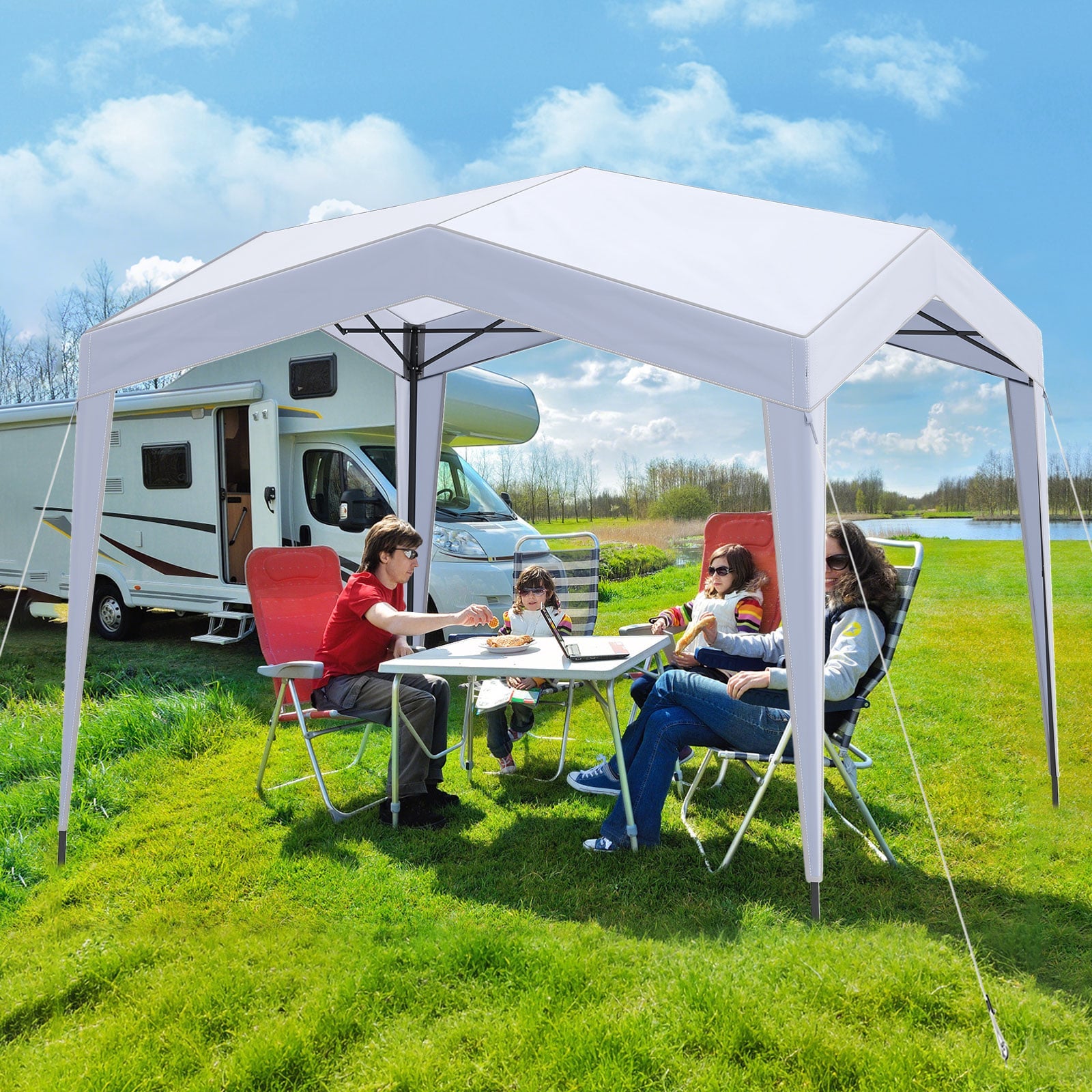 Pop up Canopy Tent with Portable Wheeled Bag 8 Stakes 4 Wind Ropes-White
