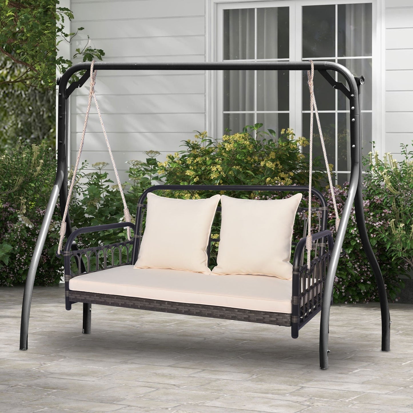 2-Person Patio Wicker Swing Chair with Removable Cushions for Garden, Poolside, Backyard-Off White