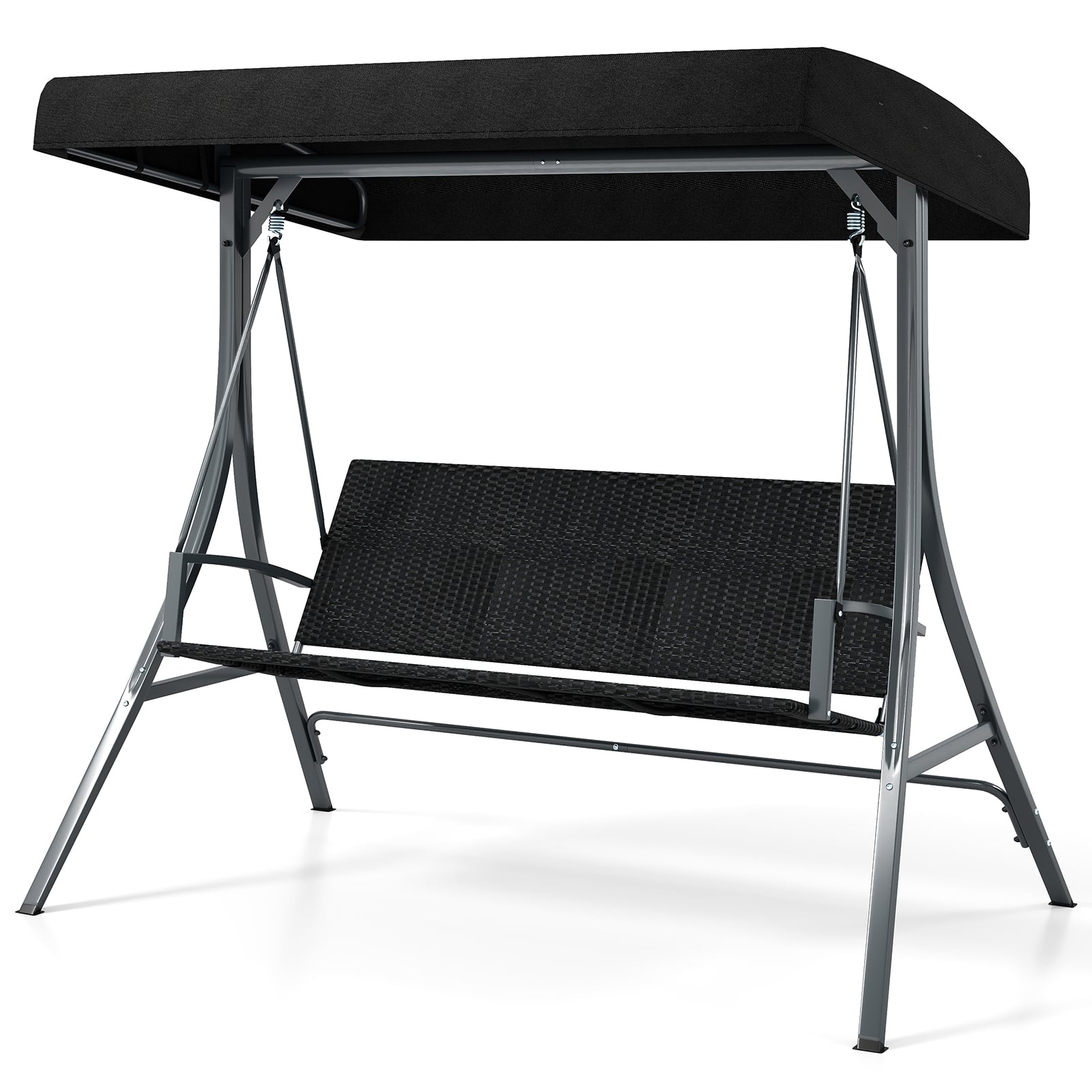 3-Person Porch Swing with Stand Adjustable Canopy Swing with Rattan Seat-Black