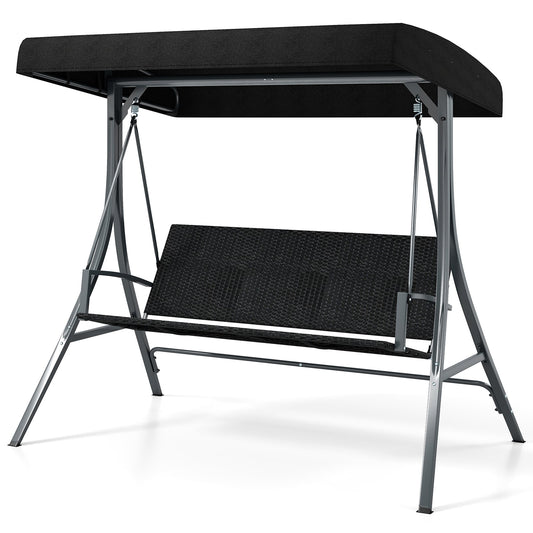 3-Person Porch Swing with Stand Adjustable Canopy Swing with Rattan Seat-Black
