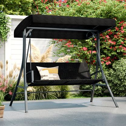 3-Person Porch Swing with Stand Adjustable Canopy Swing with Rattan Seat-Black