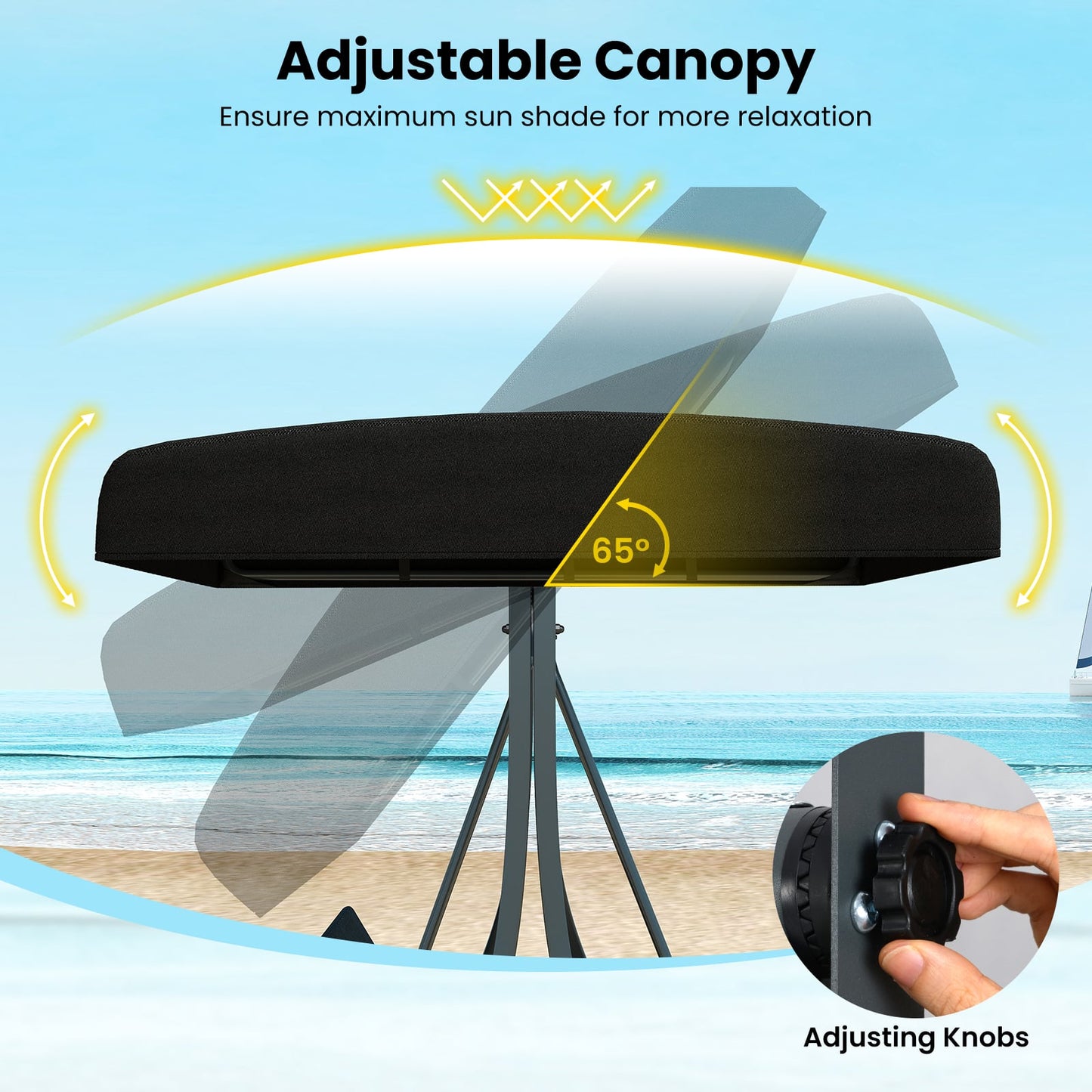 3-Person Porch Swing with Stand Adjustable Canopy Swing with Rattan Seat-Black
