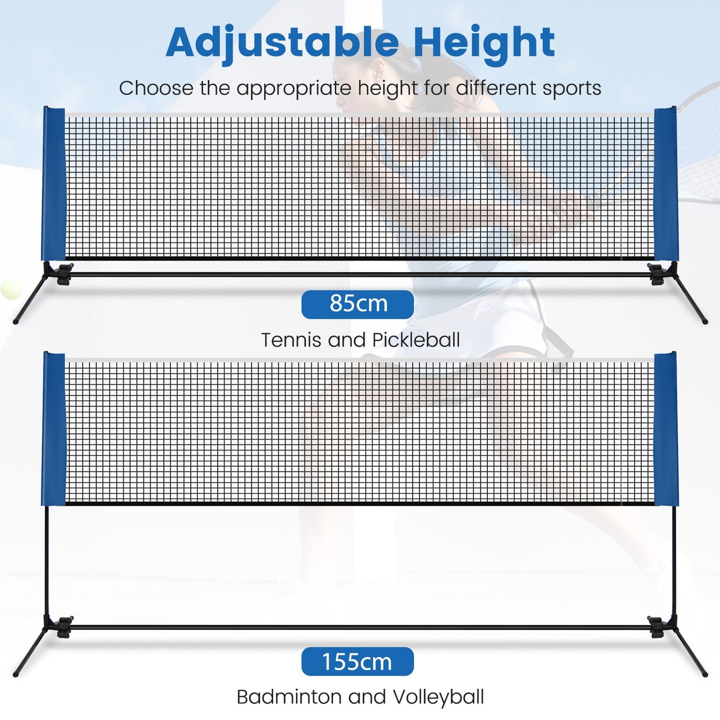 Portable Badminton Net with Poles and Carrying Bag for Lawn-Blue
