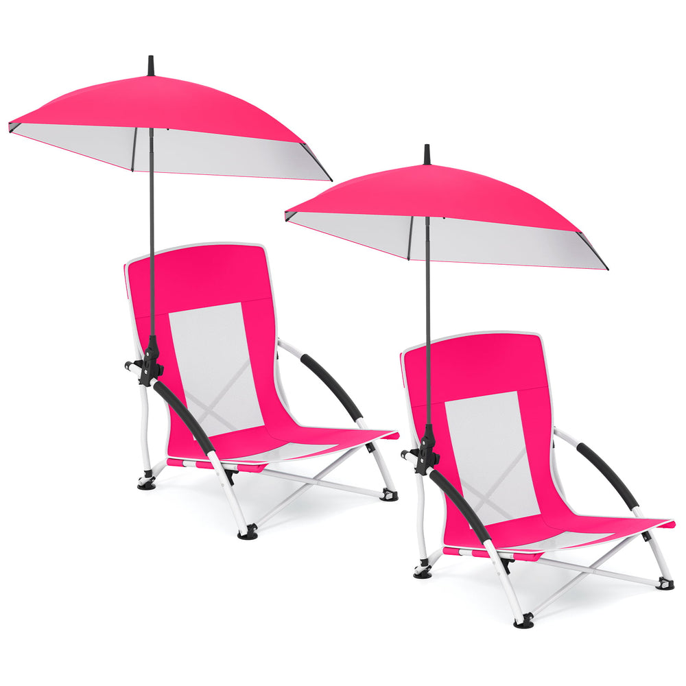 Portable Beach Umbrella Chair with Adjustable Parasol-Pink, 2 Pack