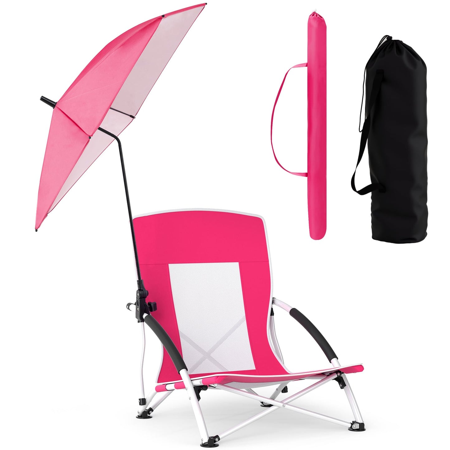 Portable Beach Umbrella Chair with Adjustable Parasol-Pink, 2 Pack