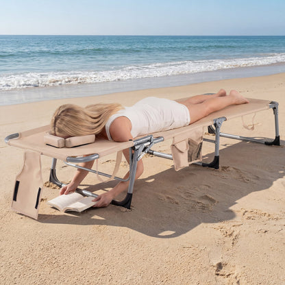 Portable Chaise Lounge Chair with 4-Position Adjustable Backrest and Face Arm Holes-Beige