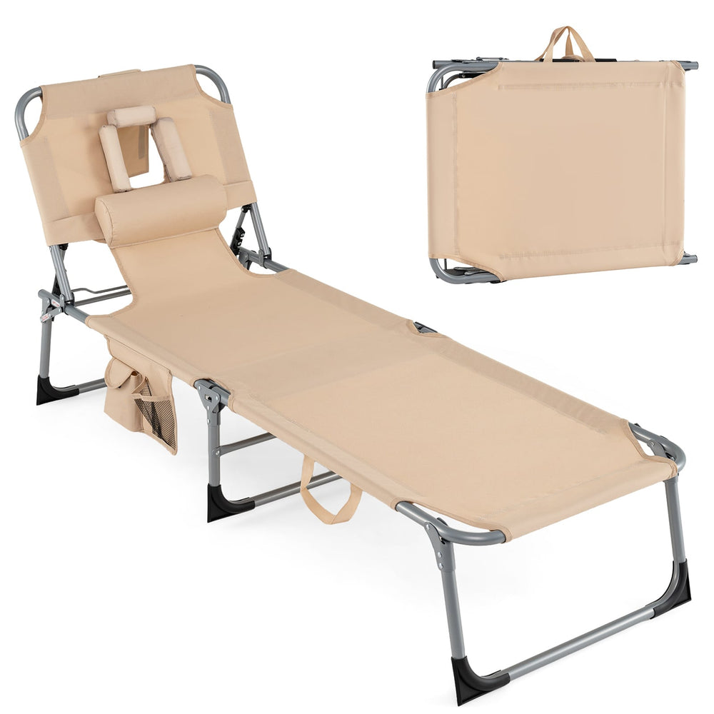 Portable Chaise Lounge Chair with 4-Position Adjustable Backrest and Face Arm Holes-Beige