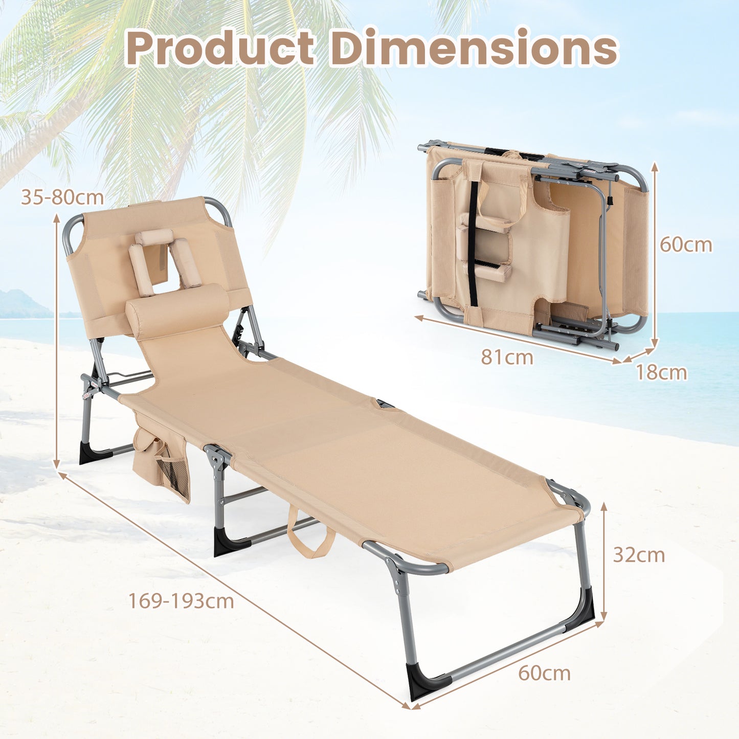 Portable Chaise Lounge Chair with 4-Position Adjustable Backrest and Face Arm Holes-Beige