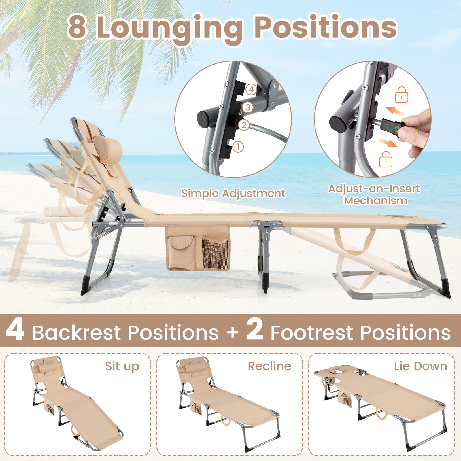Portable Chaise Lounge Chair with 4-Position Adjustable Backrest and Face Arm Holes-Beige
