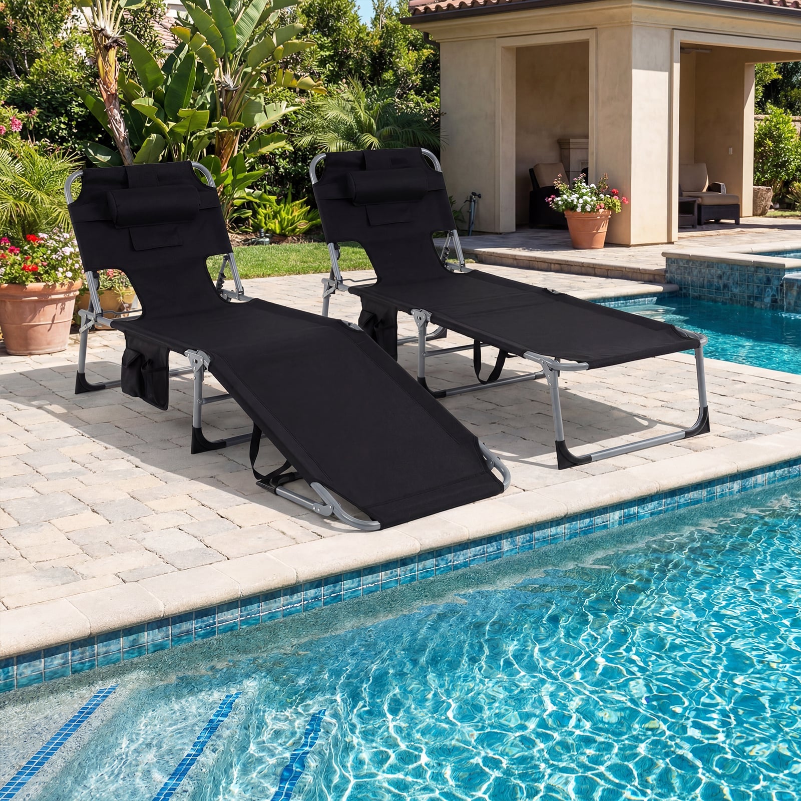 Portable Chaise Lounge Chair with 4-Position Adjustable Backrest and Face Arm Holes-Black